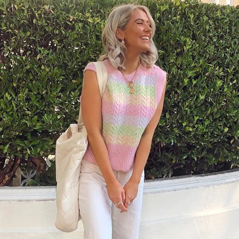 

Y2K Rainbow Striped Knitted Sweater Vest Female Cute Kawaii Aesthetic Knitwear Preppy Style Sweety Girls' 90s Crop Jumpers