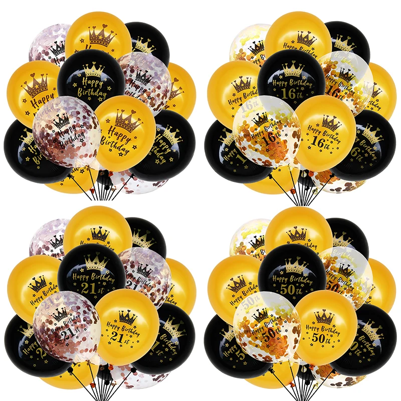 

15pcs Black Gold Crown Happy Birthday Confetti Latex Balloons 16 18 21 30 60th Year Birthday Party Decorations Adult 50 Birthday
