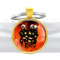 classic brave firefighter design glass cabochon metal pendant key chain fashion men women key ring accessories keychains gifts