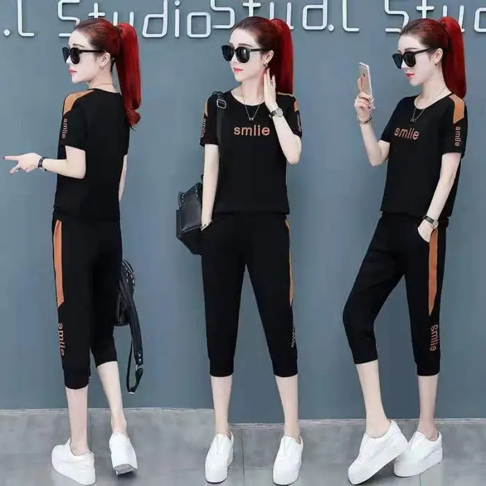 

Summer plus women's short sleeve top loose sport Capris two piece suit