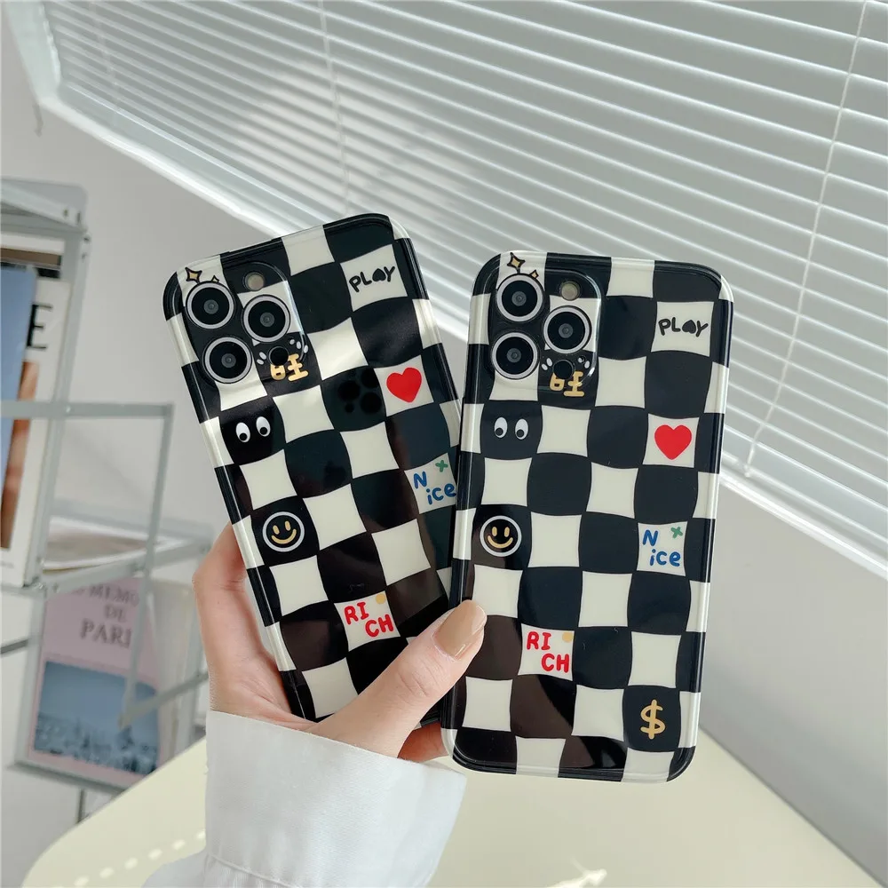 

INS Cartoon Cute Lattice Smile Face Phone Case For iPhone 13 12 11 PRO MAX XS X XR 7 8 PLUS Silicone Soft Frame Cover Shell