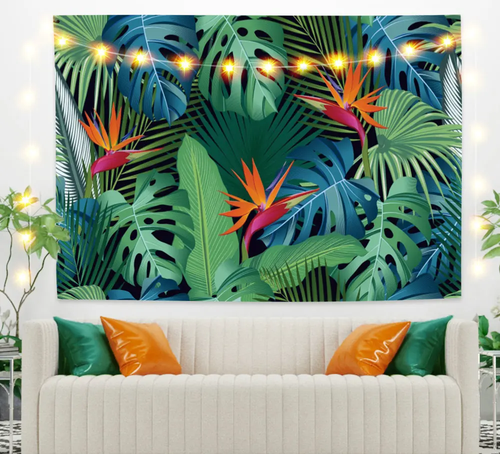 

Зеленые листья с красными гобелены с цветами Винтаж экзотические летние растение природа рамки для Спальня фотографии Настенный декор