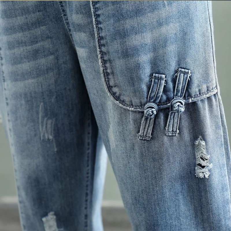 

2021 Spring And Summer New Retro Style Elastic Waist Jeans Washed Color Contrast Stickers Casual Loose Ankle-lenght Pants Women
