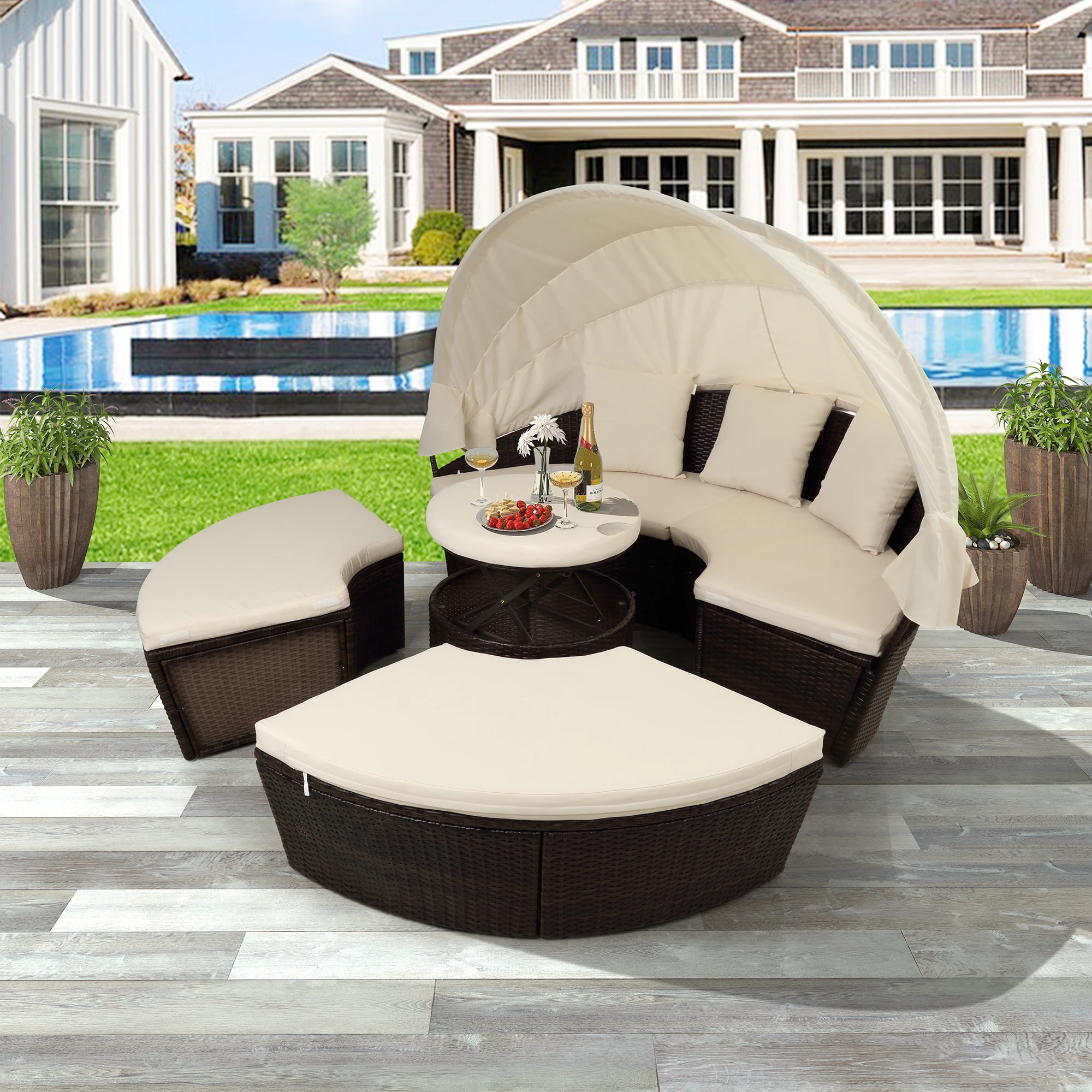

Patio Furniture Round Outdoor Sectional Sofa Set Rattan Daybed Sunbed Retractable Canopy Separate Seating Fan-Shaped Chair Table