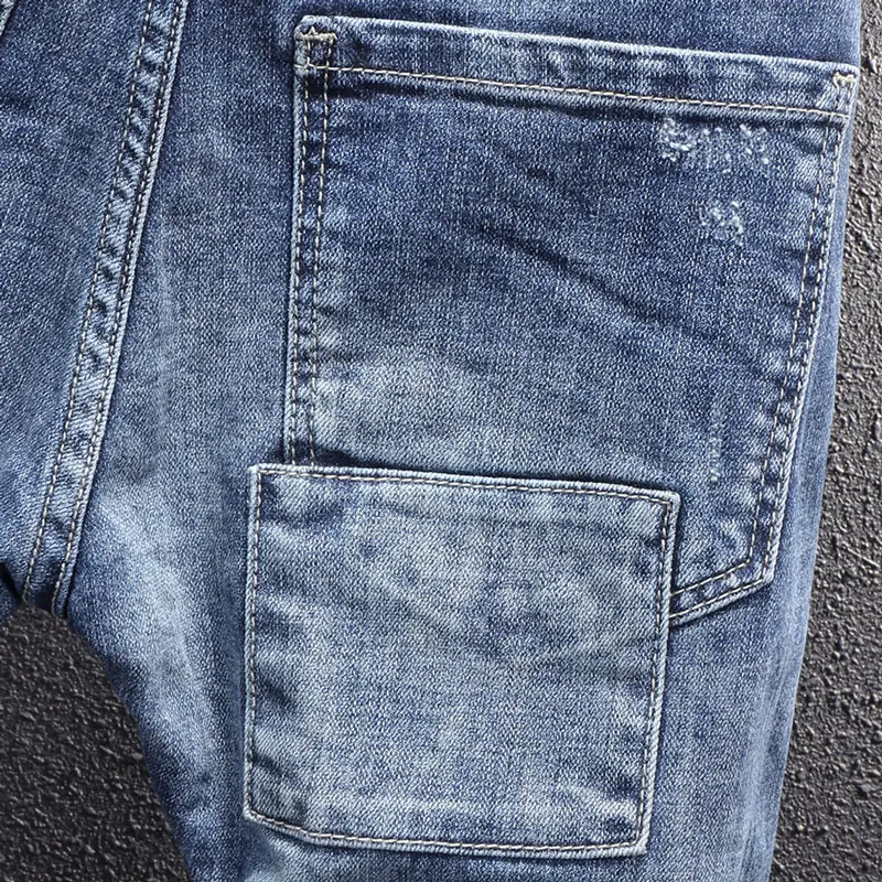 American Street Fashion Men Jeans Retro Blue Embroidery Designer Slim Fit Ripped Jeans Men Patchwork Casual Hip Hop Denim Pants