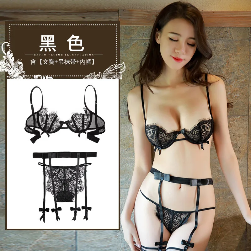 

3pcs Women Transparent Eyelash Lace Sexy Lingerie Straps Bra and Panty Garter Set Underwear Babydoll