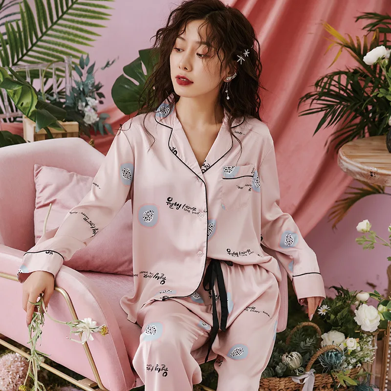 Spring And Summer New Ladies Pajama Set Turn-down Collar Lemon Print Sleepwear Women Soft Large Size Homewear Thin Casual Wear | Женская