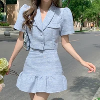 high quality new summer fashion korean sweet elegant 2 piece set women crop top shirt blouse mini skirt suits two piece outfits
