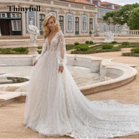 thinyfull lace leaves a line wedding dresses 2022 v neck long sleeves tulle beach mariage princess bridal gowns vestidos boda