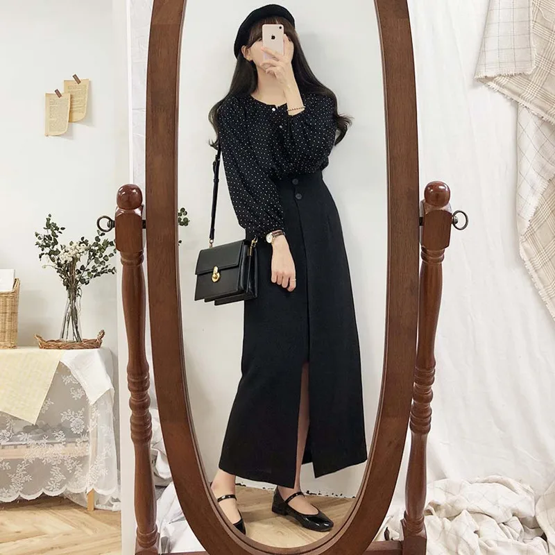 2 цвета s-xl 2019 осень и зима корейский стиль высокая Талия Длинные однотонные юбки