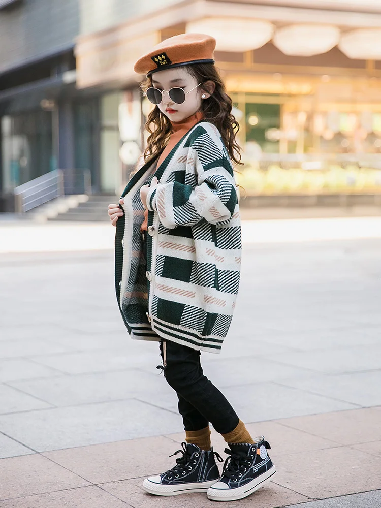 2019 Детский свитер топы кардиган для больших девочек Осенний вязаный/вязаный