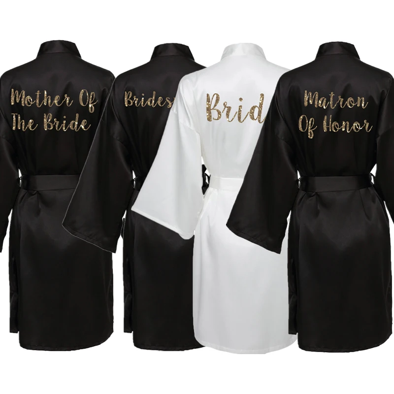 

satin silk robes for women Wedding Bride Dressing Gown robe Bridesmaid sleepwear black color with glitter gold letter print
