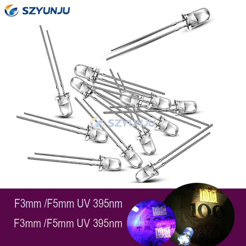 F5mm F3mm светодиодный Ультрафиолетовый Ультра яркий 395nm 365nm УФ диодный светильник