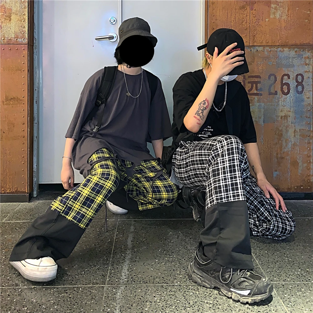 Harajuku брюки унисекс с клетчатым узором свободные длинные женские мужские штаны верхняя одежда Лоскутные Брюки уличная хипстерская осенняя одежда для пар
