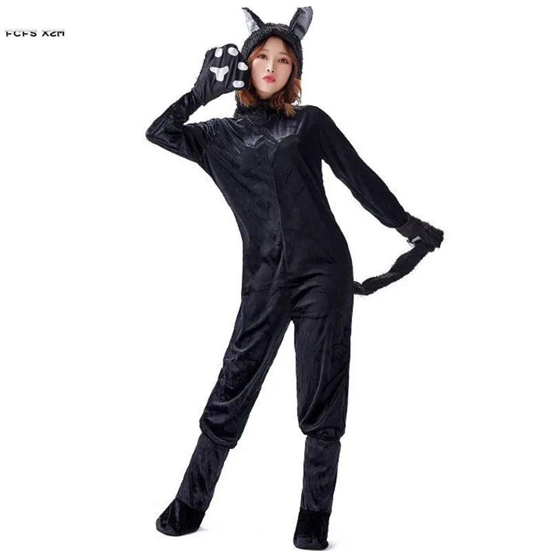 

Unisex Black Cat Cosplay Adult Halloween Bear Costumes Winter Jumpsuits Animal Pajamas Carnival Purim Bar Role Play Party Dress