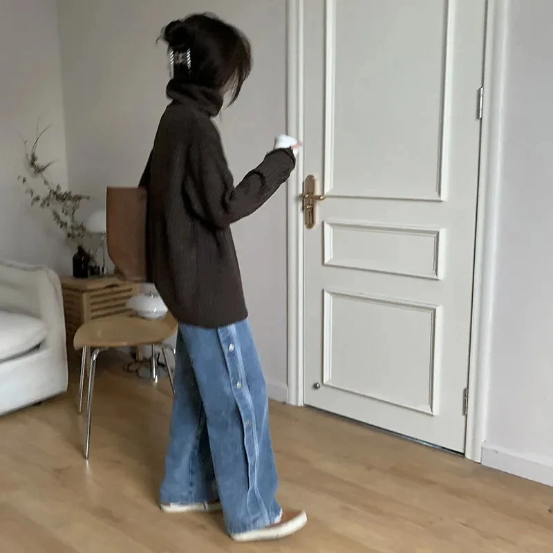 

Black-grey High-waisted Alse-breasted Jeans Women Loose Thin Washed White Straight Wide-leg Pants Mopping Trousers