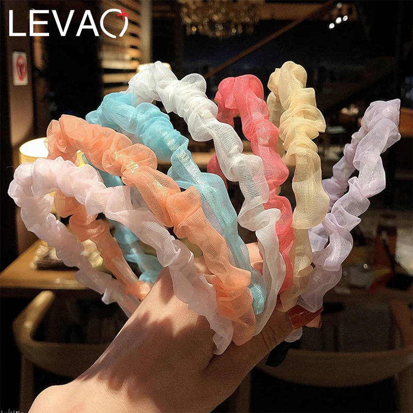 

Levao органза, повязка на голову с рюшами, новая сетка, тонкая лента для волос, однотонный, нескользящий обруч для волос, повязка на голову для ж...