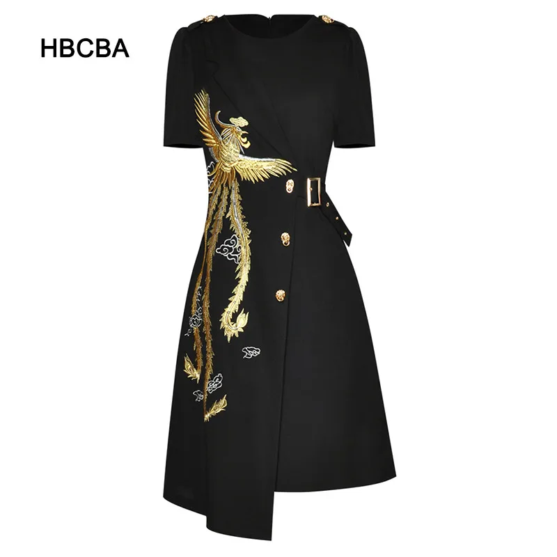 

HBCBA Fashion Designer Dress Spring Autumn Women's Dress Stand Collar Embroidery Elegant Asymmetrical Dresses