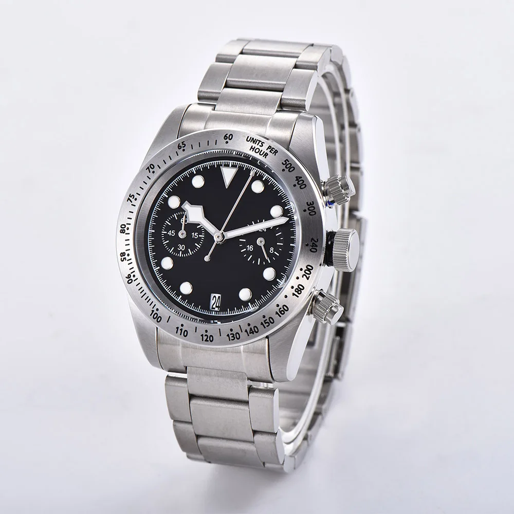 Watch Japan VK64 quartz battery movement 41mm men's mineral glass luminous hand steel bracelet case chronograph D3102 | Наручные часы