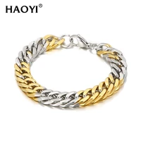 haoyi mens curb bracelet 10mm cuban link chain yellow gold mix silver color bracelet for women men fashion 2021 jewelry gift