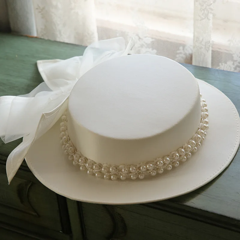 

Elegant wedding Hat Women 1920s retro pure white Topper Spring Summer Fashion Bowknot Pearls Decoration Accessories Top Hat