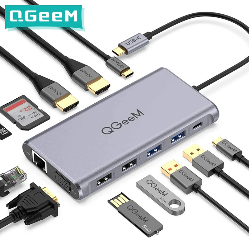 Концентратор QGeeM USB C для Macbook Pro Air Xiaomi с тройным дисплеем типа на 4K Dual HDMI VGA Micro SD Card