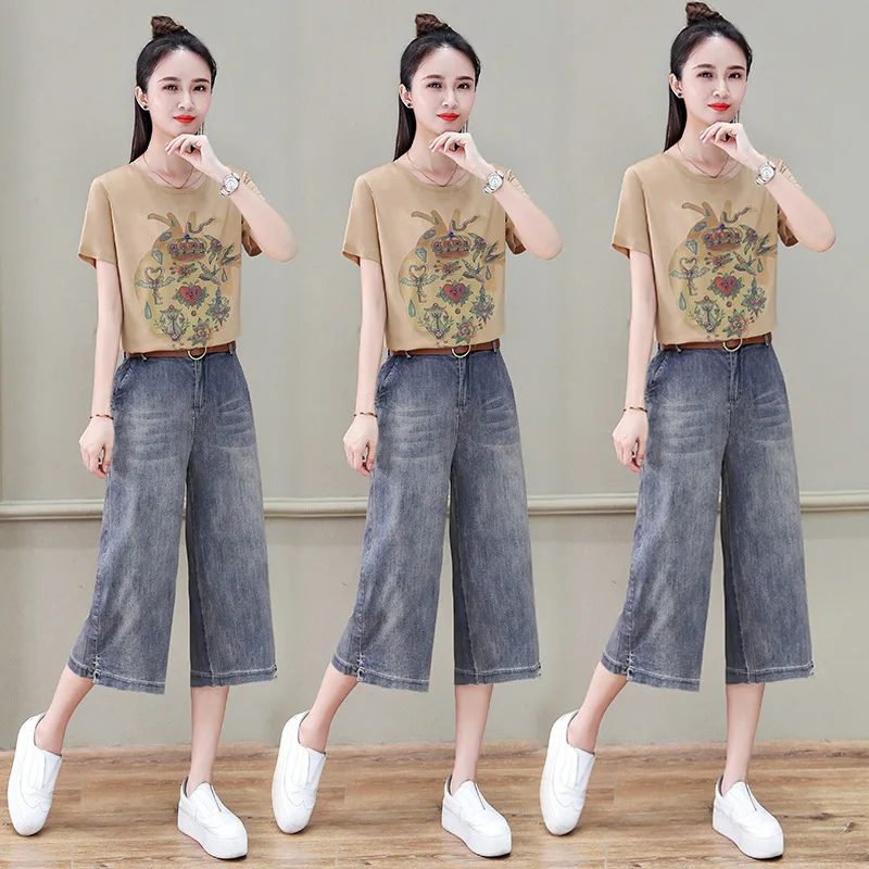 

Jeans, loose, casual, thin, suit, women's fashion, 2021 new style, summer fashion, printed, round neck, pullover T-shirt, set