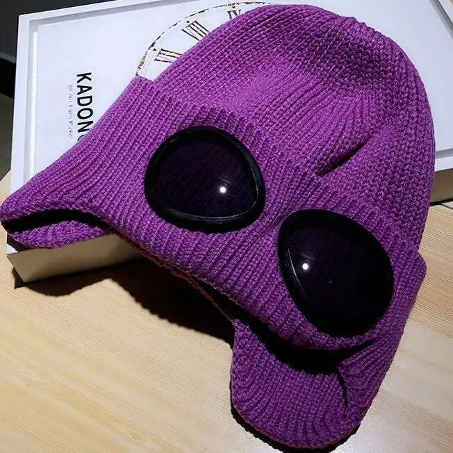 purple Зимняя Шапка-бини в стиле пилота для женщин и мужчин, шапка в стиле хип-хоп с украшением goggle, женские шапочки - Цвет: purple
