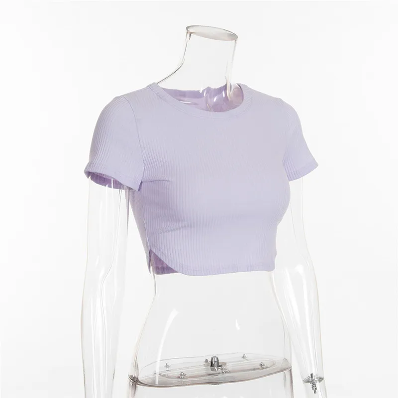 Purple Женский короткий топ, футболки, сексуальные базовые короткие футболки Harajuku, летние топы, уличные базовые повседневные футболки, Клубная одежда, одноцветные PR371M - Цвет: Purple