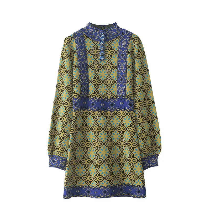 

High Quality Pullover Lady Dress Spring Autumn Jacquard Geometrical Knitted Tops Vintage Diamond Button Women's Sweater Dresses