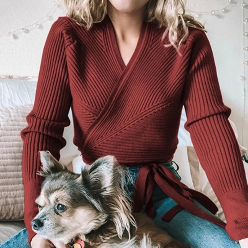 

New Autumn Bandage Sweaters Womens Sexy Deep V Neck Slim Fit Sweaters Top Fashion Casual Lace Up Solid Knitted Sweater