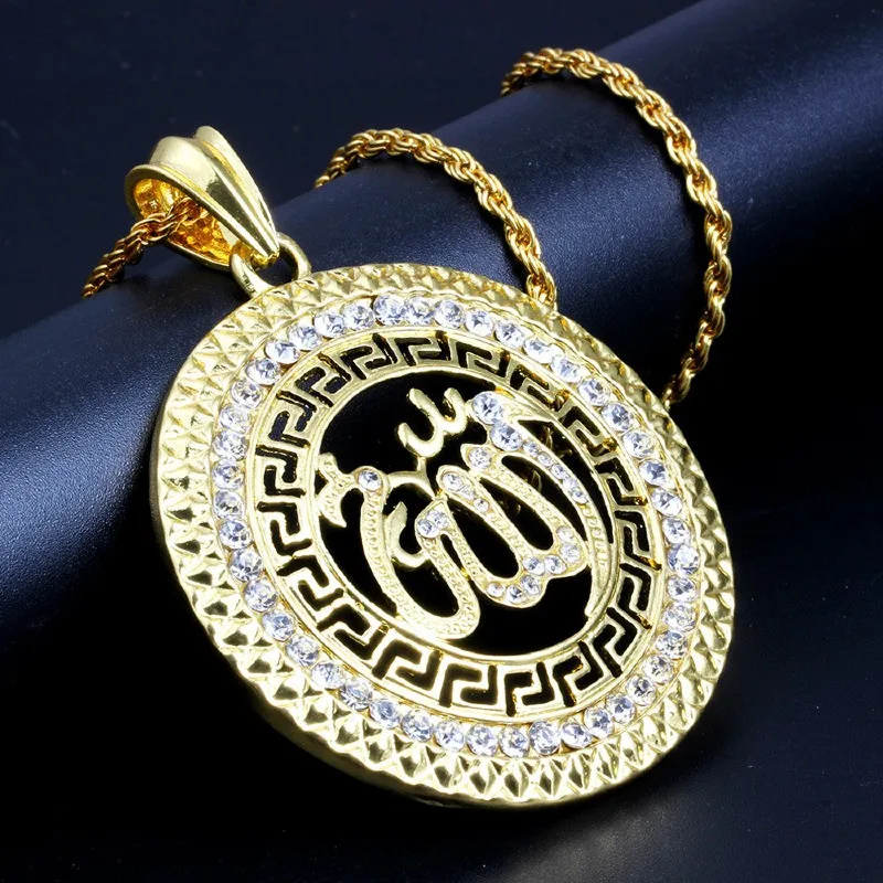 

QianBei Классические мусульманские украшения золотого цвета стразы полые ожерелье Аллаха кулон для женщин/мужчин ювелирные изделия подарок