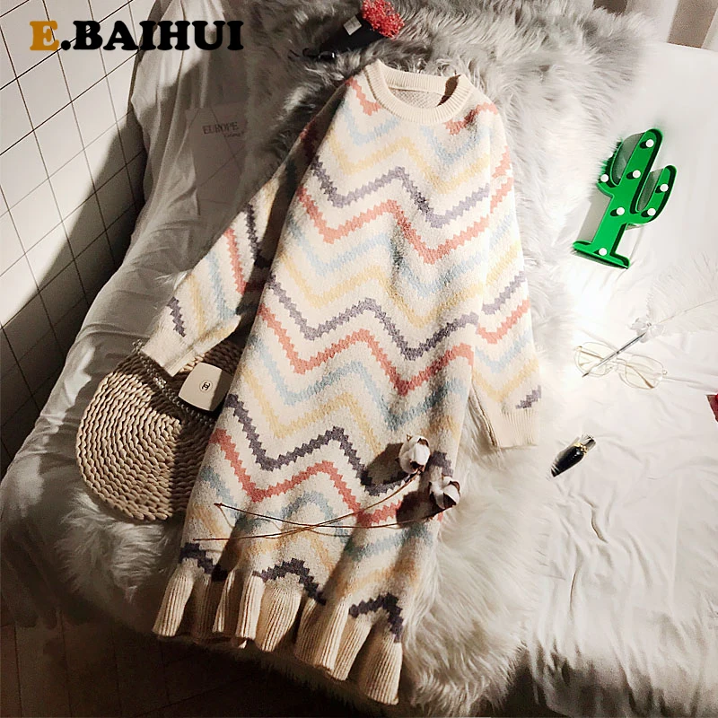 

Длинное платье-свитер EBAIHUI с круглым вырезом, свободные пуловеры в Корейском стиле, Новинка осени 2021, вязаное Радужное платье в полоску, женс...