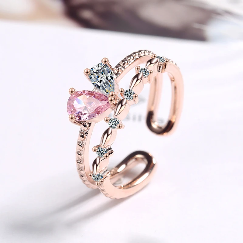 

New Fashion Cute Romantic Finger Rings Water-Drop Cubic Zircon Two-Row Crystal Shiny Female Wedding Ring Band For Bridal Jewelry