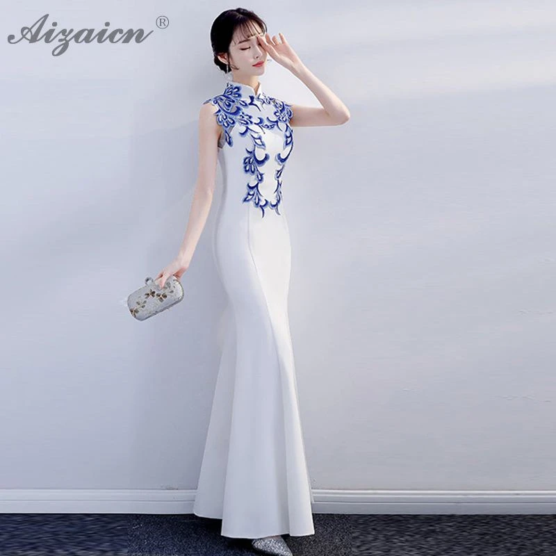 White Mermaid Slim Cheongsam Modern Host Elegant Long Gown Qi Pao Women Chinese Evening Dress Qipao Promotion Party Dresses |