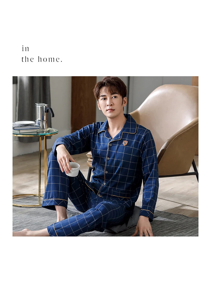 Men Pyjama Set 100% Cotton Spring Long Sleeve Print Men Pajama Suit Autumn Nightwear Collar Pijama Male Sleepwear Two Piece XXXL mens short pjs