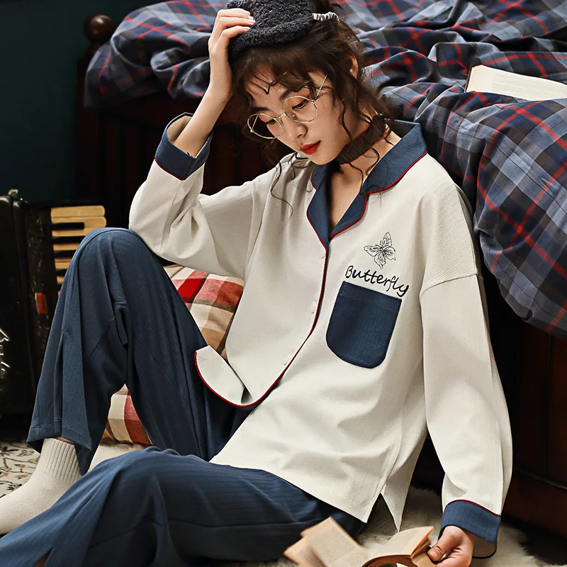 Cotton Womens Pajamas Set Cute For Women Two-piece Sexy Sleepwear Caton Stripe Pyjamas Spring And Autumn | Женская одежда