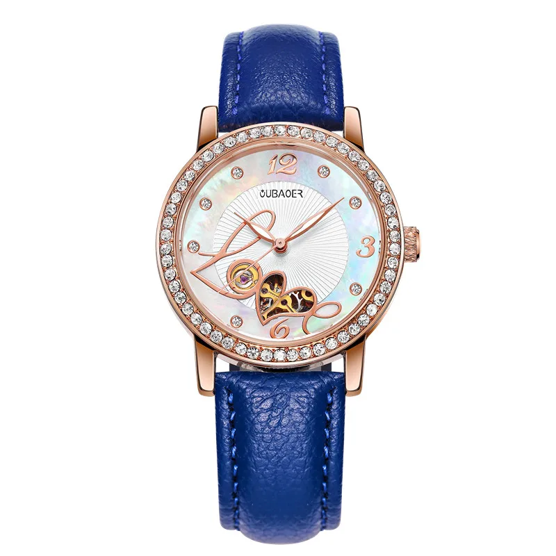 Relogio feminino, OUBAOER, автоматические механические часы для женщин, модные, стразы, полый дизайн, часы с кожаным ремешком, водонепроницаемые часы