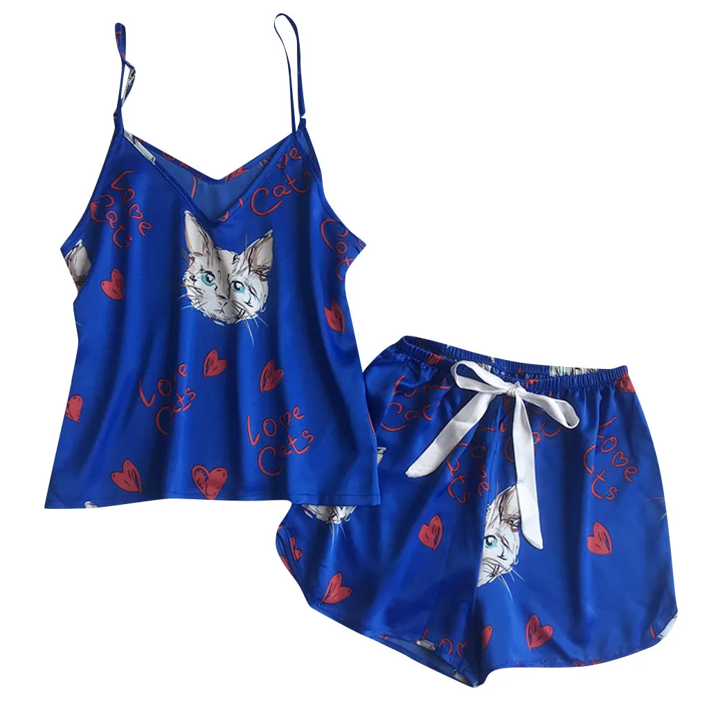 

Женские пижамные комплекты с принтом кошки, шелковые бесшовные модные женские атласные пижамы с V-образным вырезом