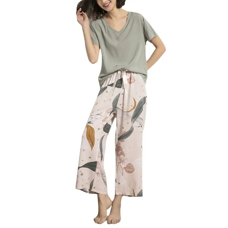 

Women Pajamas Sleepwear Contrast Color Short Sleeve V-Neck Top Floral Long Pants X3UE