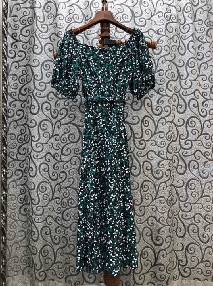 

2020 Summer Fashion Silk Dress High Quality Women Sexy Square Collar Green Flower Print Split Sexy Short Sleeve Mid-Calf Dress