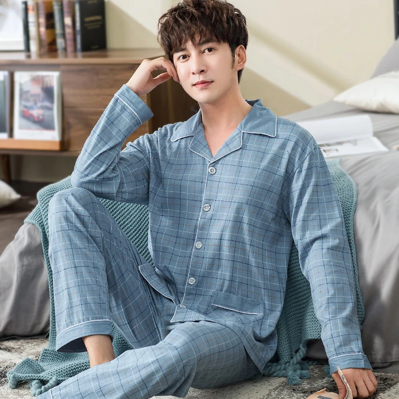 100% Cotton Pijama for Men 2 Pieces Lounge Sleepwear Pyjamas Plaid Spring Bedgown Home Clothes Man PJs Pure Cotton Pajamas Set