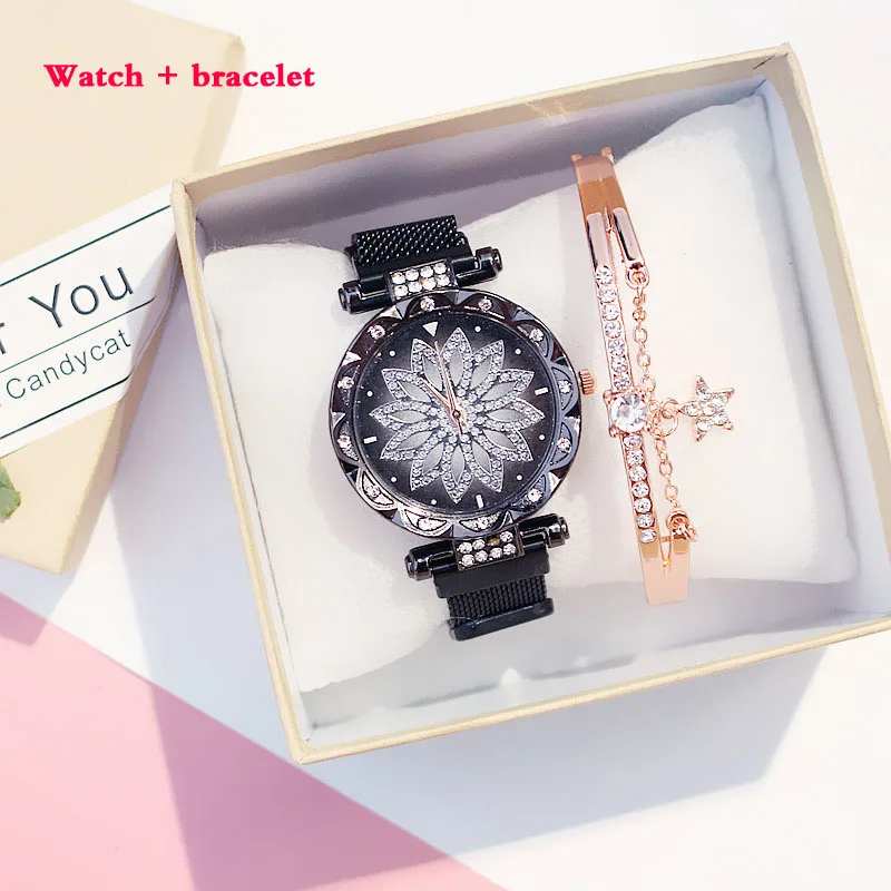

Women Mesh Magnet Buckle Lucky Flower Watches + bracelet set Luxury Ladies Rhinestone Quartz Watch Starry sky Relogio Feminino