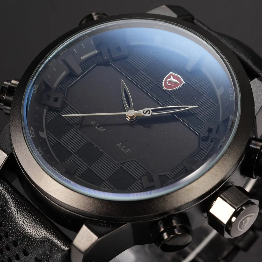 Black SH206 Новая Серия Акула Аналоговый Цифровой Двойной Дисплей Кожаный Ремешок Несколько Часовых Поясов Черный Красный Цвет Корпус из Нержавеющей Стали для Мужчины Водонепроницаемые СИД Спортивные Мужские Наручные Часы/SH203 - Цвет: Black SH206