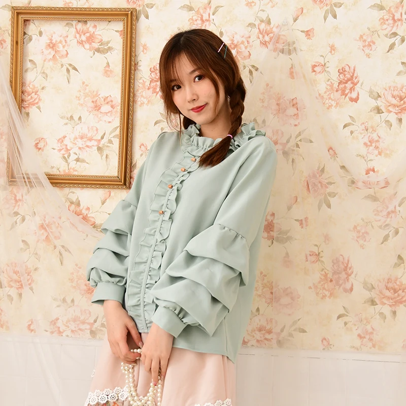 

Japanese Mori Girl Lolita Vintage Retro Bohemian Ethnic Tunic Kimono Ruffle Chiffon Long Sleeve Women Autumn Blouse Top Shirt