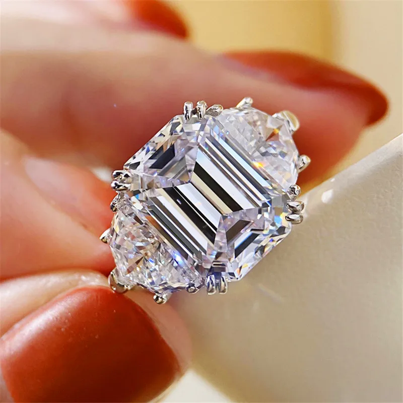 

Luxury Female White Crystal Stone Ring Charm Silver Color Wedding Rings For Women Dainty Square Zircon Engagement Big Ring