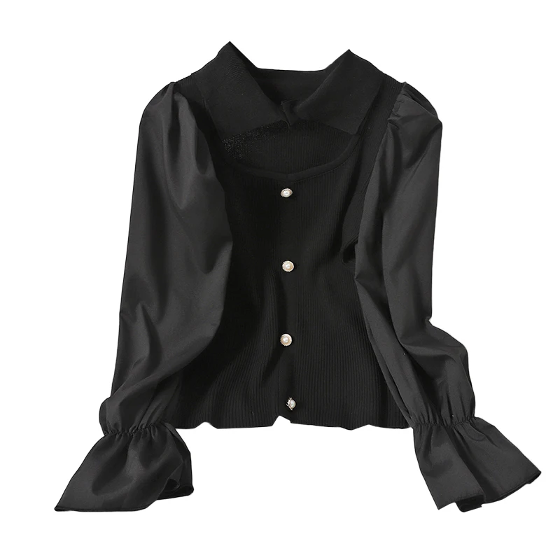 

Kimutomo Elegant Patchwork Knitted Blouse Women Hollow Out Turn-down Collar Single Breasted Long Sleeve Top Chic Spring 2021