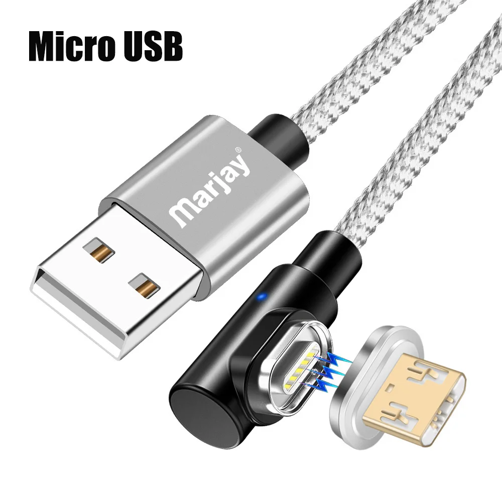 Магнитный кабель Marjay, 90 градусов, Тип C, Micro USB C, быстрая зарядка, Microusb type-C, магнитное зарядное устройство, usb c, зарядный Шнур для iphone 7, 6 - Цвет: Silver Micro USB