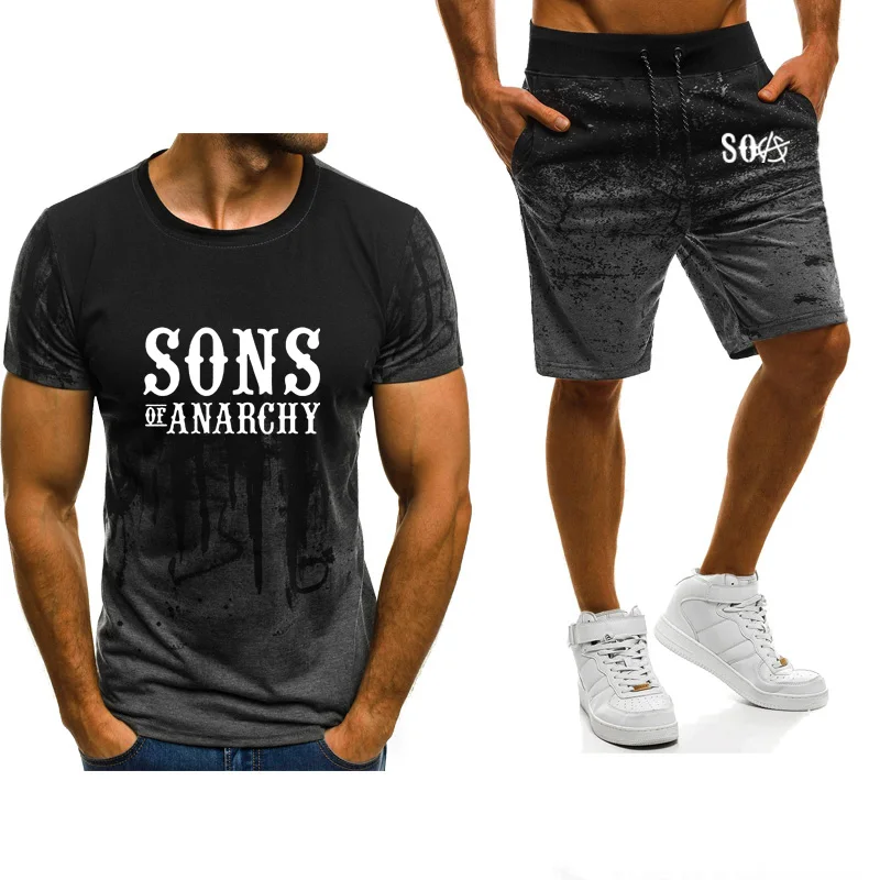 

Summer Men's short sleeve SOA Sons of anarchy the child SONS Printed Gradient High Quality male T-Shirt+Pants Suit 2Pcs