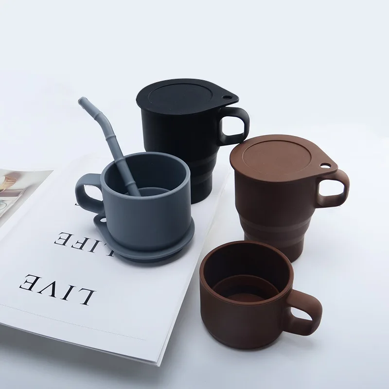 

300ml hot folding silicone cup with straw handle water cup with lid silicone coffee mugs telescopic travel cup portable wash cup
